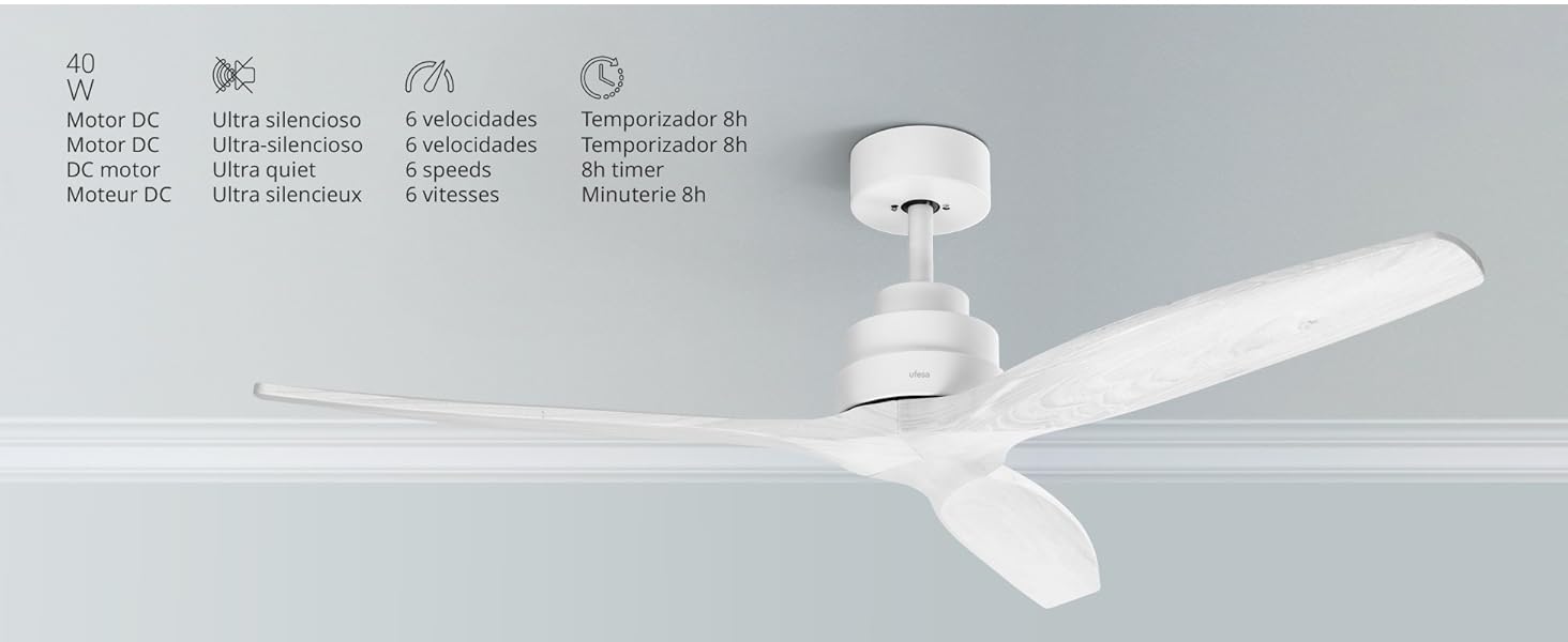 Стеляний вентилятор Ufesa, 40W, 6 швидкостей, надтихий, 3 дерев'яних лопаті 132см, літо-зима, таймер 8год, з пультом, без освітлення, білий