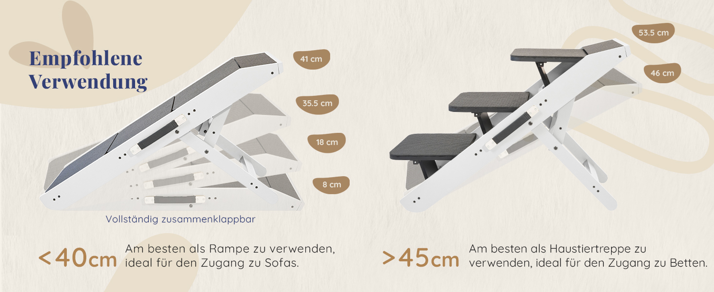 Сходинка для собак на ліжко та диван 2-в-1 - регульована пандус для собак, 18-50 см - для маленьких собак, легка у переміщенні, з платформою, натуральне дерево (білий дуб)
