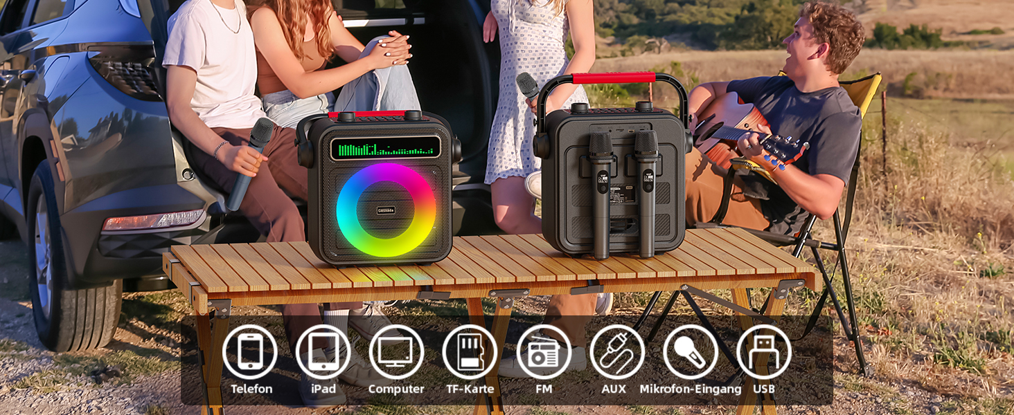 Караоке машина для дорослих та дітей – портативна система з 2 мікрофонами, Bluetooth, TF, USB, AUX, TWS, динамік, чорна