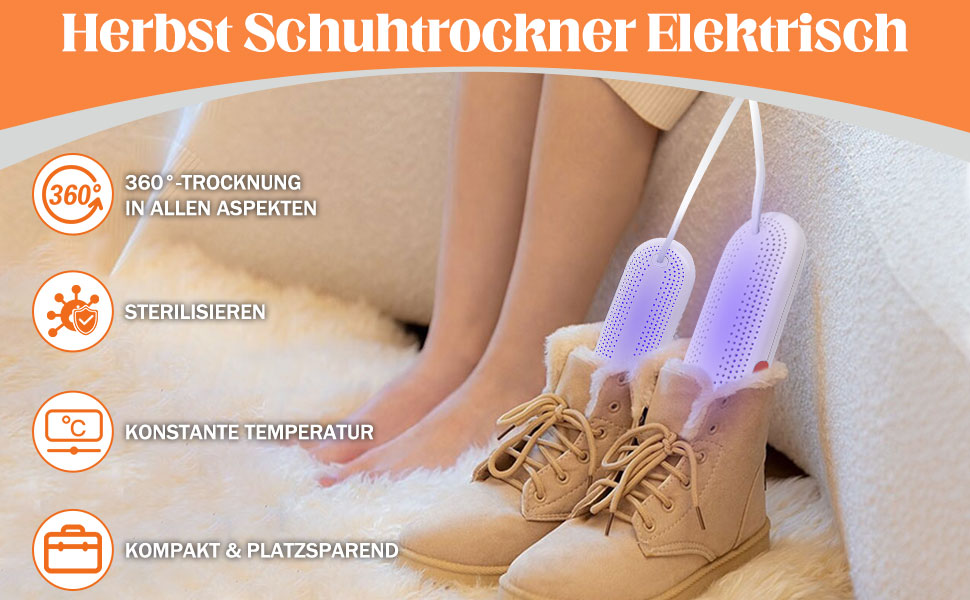 Електричний сушильник для взуття Herbst: 3 режими, таймер, антибактеріальний, для дитячого та гірськолижного взуття, помаранчевий