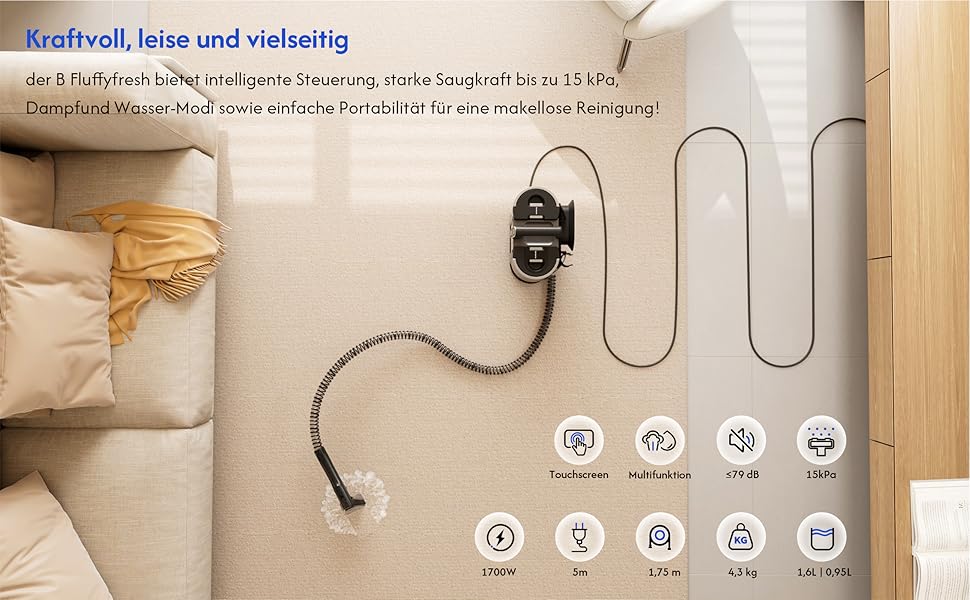 Пилосос миючий паровий Fluffyfresh для диванів, килимів, вікон та авто, 15 кПа, з гарячою водою та аксесуарами, 1.6л