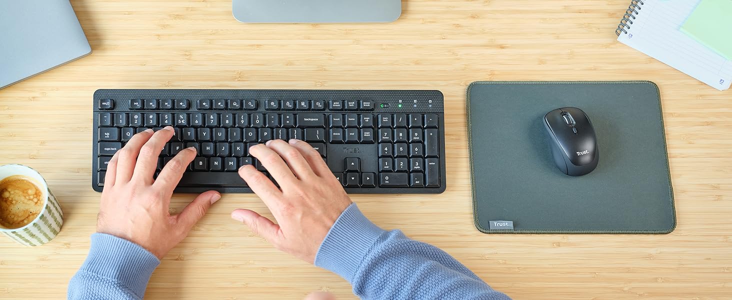 Бездротовий комплект клавіатури та миші Trust Ymo II з QWERTY (німецький), плоскі клавіші, захист від бризок, миша на 800-1600 DPI, USB-приймач, для ПК, комп'ютера, ноутбука, Mac