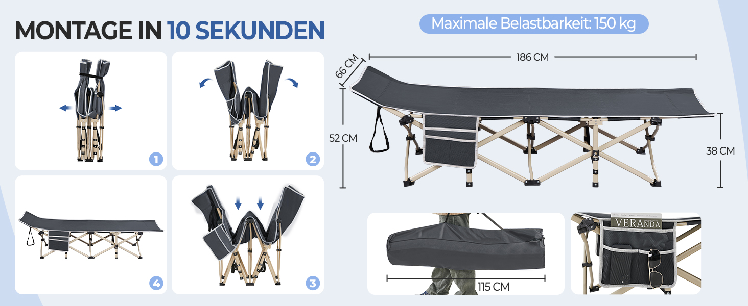 Ліжко-розкладачка Yaheetech для кемпінгу, сіре, до 150 кг, з бічною кишенею та сумкою для транспортування