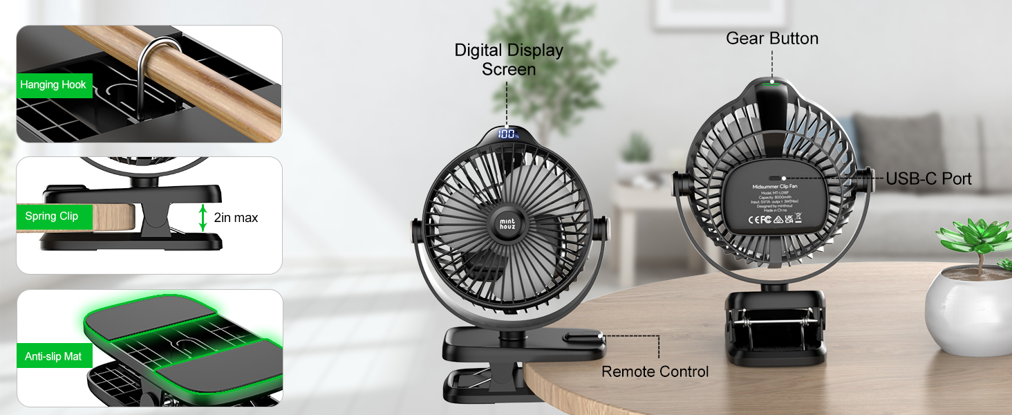 Портативний міні-вентилятор Minthouz з кліпсою, 8000mAh, 5 швидкостей, тихий, для дому, офісу, кемпінгу, дитячої коляски