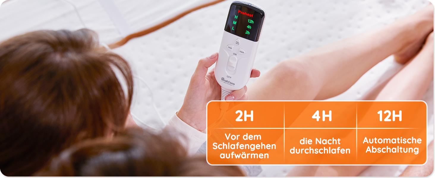 Електрична ковдра Mia&Coco з автовимкненням, 160x130 см, з таймером 12 годин, 3 режими нагріву, LED-дисплей, захист від перегріву, для стандартних матраців, машинне прання, білий колір