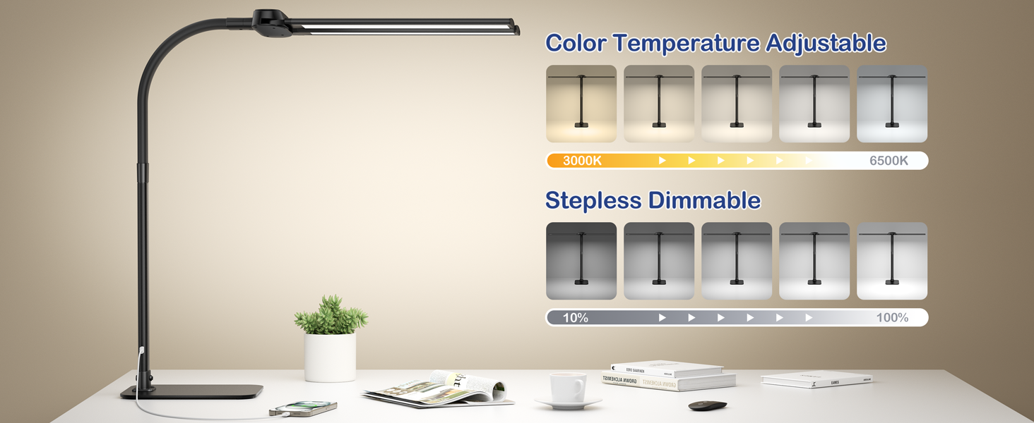 LED лампа настільна Kary з регулюванням яскравості, 24W, подвійний напівкруг, для офісу, роботи, читання, з пультом та USB-портом, чорна