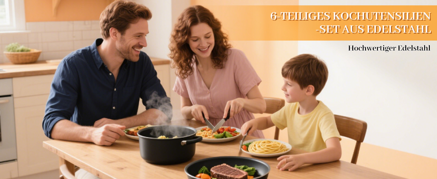 Набір кухонного інвентарю Hunnycook (6 шт.): нержавіюча сталь, мірна ложка, шумівка, лопатка, шумовка з отворами, ложка для спагеті, виделка для м'яса. Можна мити в посудомийній машині.