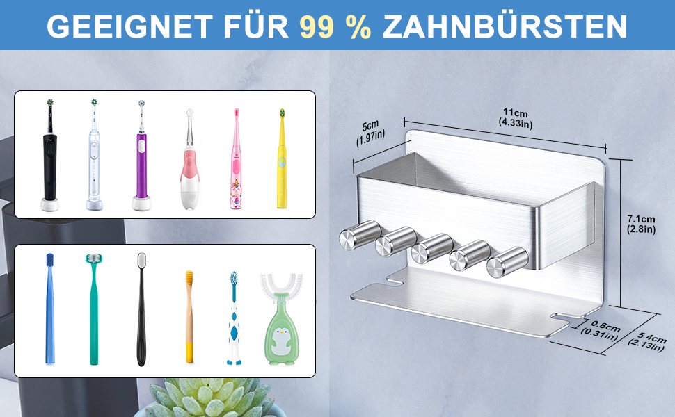 Тримач для зубних щіток GGQ настінний, для електричної зубної щітки, без свердління, самоклеючий, з підставкою для зубної пасти (срібний)