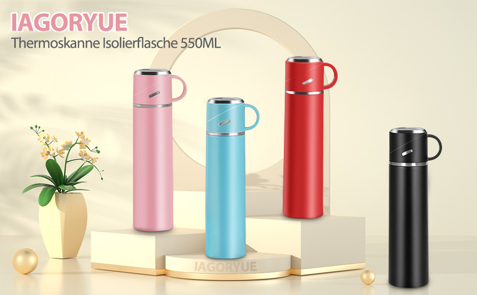 Термос IAGORYUE з нержавіючої сталі, 0.55л, з ізоляцією та кришкою без витоку, з ручкою. Подвійні стінки, зберігає температуру 12 годин. Для спорту, офісу, відпочинку на природі (Рожевий)