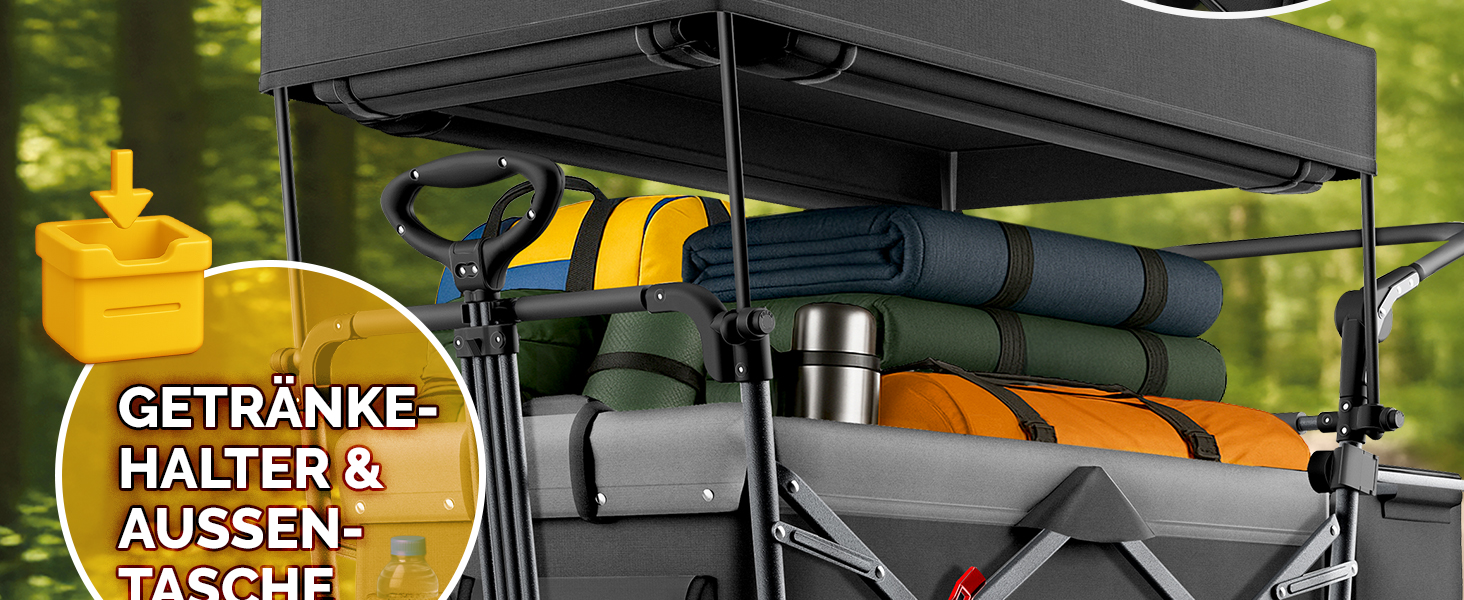 TRESKO® Вагончик-візок складний з дахом, кишеньою-холодильником та бічними шторками | Ручний візок, вантажопідйомність до 150 кг | Візок для перевезення з повного гумового покриття та гальмами (передні та задні) та 3-точкова система ременів безпеки (зелений)