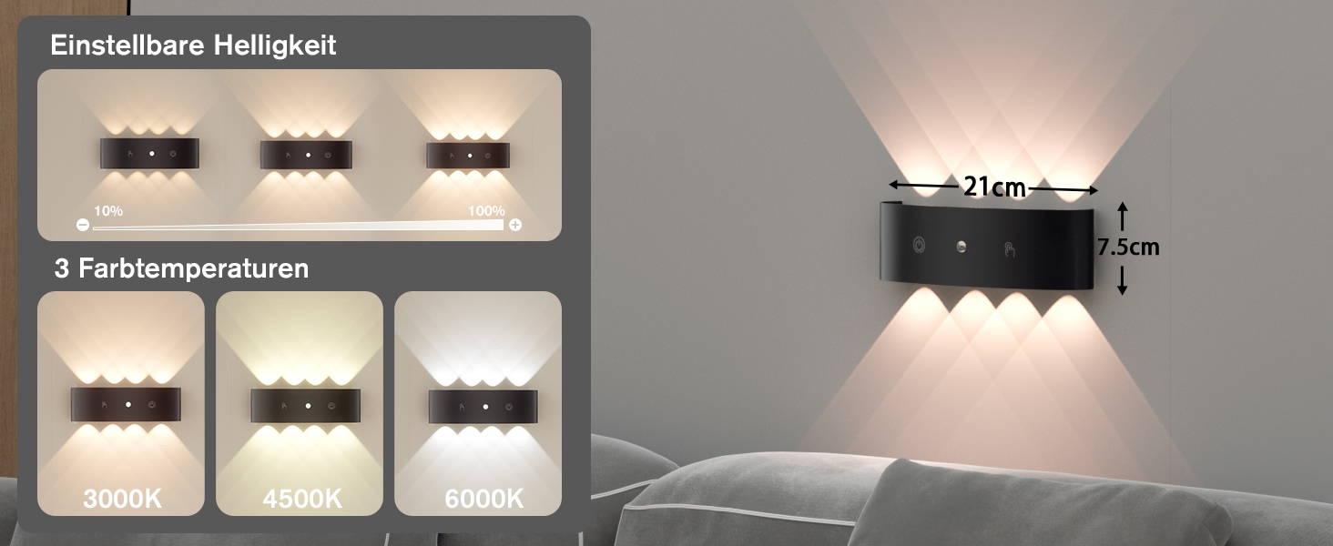 LED-стінні світильники на батарейках YrgePowk з датчиком руху, 6000mAh, 3 кольори, USB-зарядка, 2 шт. (білий/чорний)