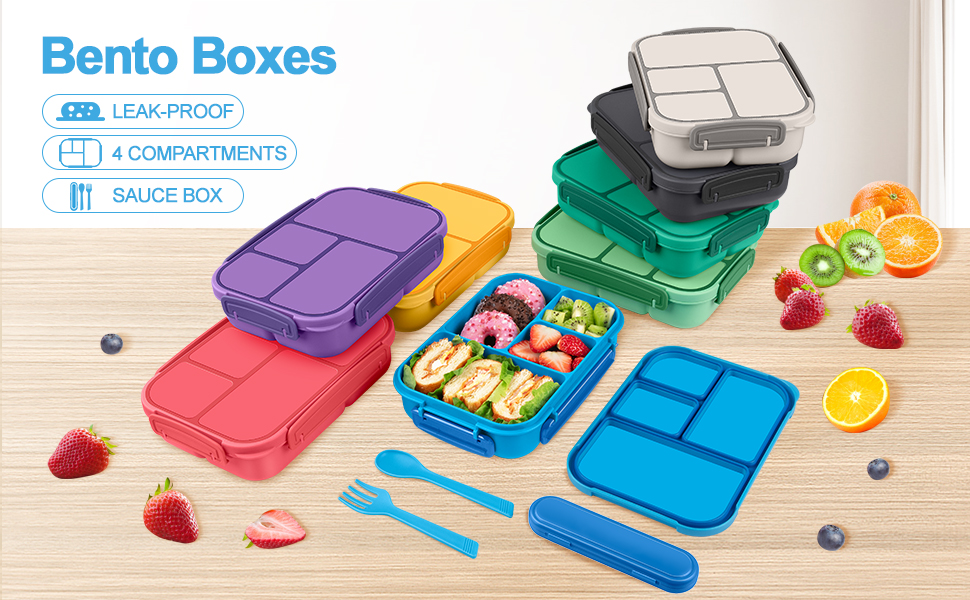 Ланчбокс для дітей та дорослих з 4 відділеннями, 1200 мл, з посудом, BPA-Free, миється в посудомийній машині, для мікрохвильовки (темно-сірий)