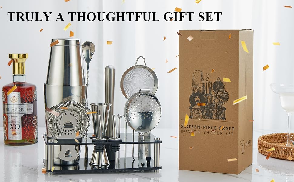 Набір шейкерів Boston - 16 предметів, нержавіюча сталь, акрилова основа, набір для приготування коктейлів