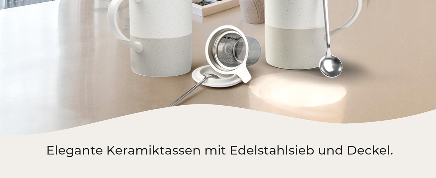 Набір чайних чашок Miamio 2 x 500 мл з кришкою та ситом, з чайним ситечком та ложкою, для заварювання листового чаю, подарунок для жінок, сумісний з мікрохвильовою піччю та посудомийною машиною (сірий)