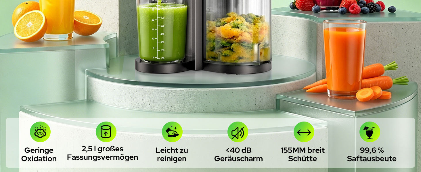 Повільна соковижималка 3-в-1 Slow Juicer з XL-завантажувальним отвором 155 мм, сіра
