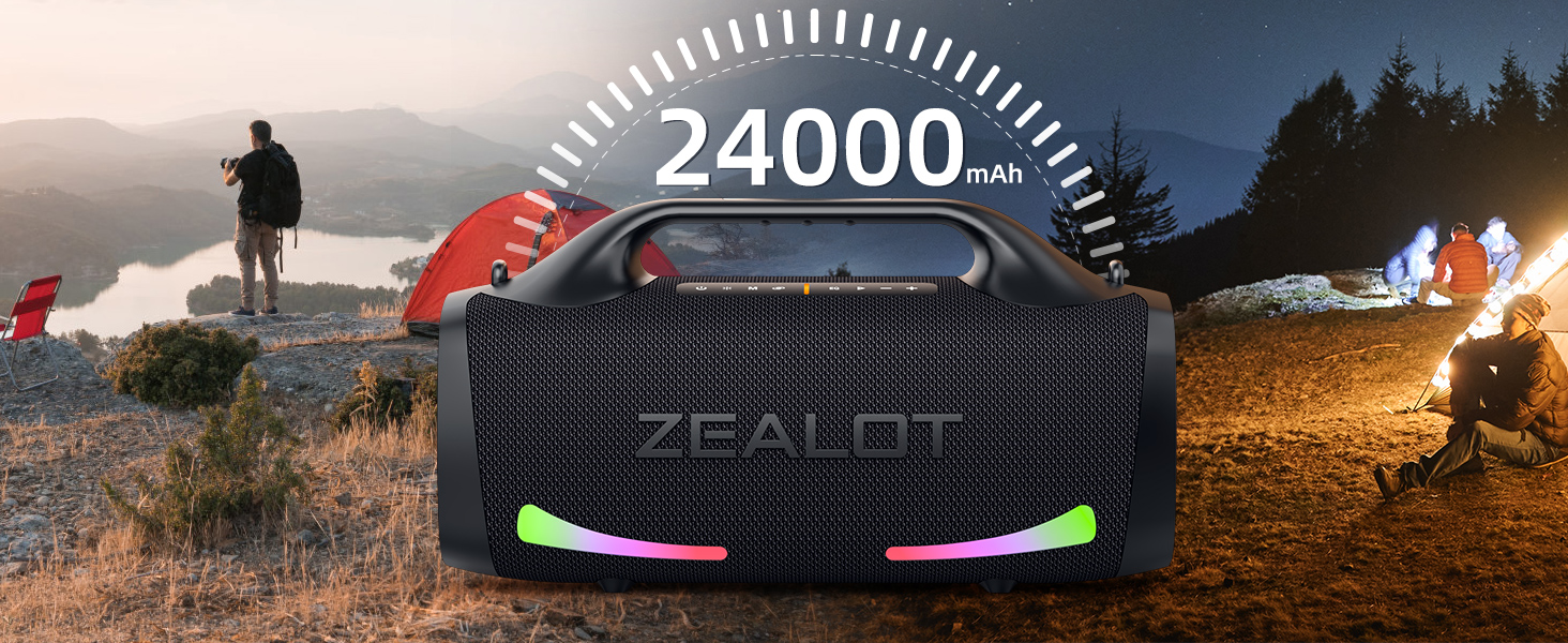 ZEALOT Bluetooth колонка 100W, XBass, Bluetooth 5.2, USB-C, 24000mAh, IPX6 водонепроникна, для кемпінгу, пляжу, басейну, саду - Чорна
