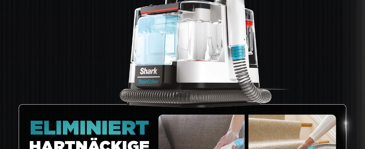 Shark Бездротовий видальник плям, портативний пилосос для прання та видалення запахів, для килимових покриттів, м'яких меблів та іншого, з коробкою для зберігання, аксесуарами та 2 × засіб для чищення, HX100EUCP (StainStriker Lösning Starterflaschen)