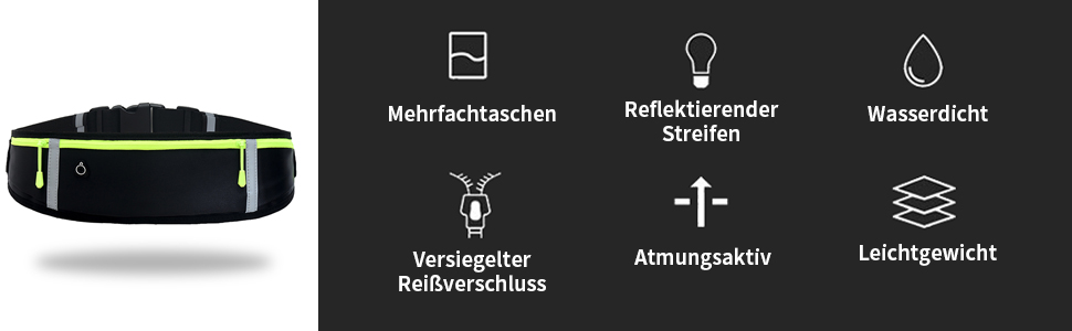 Пояс для бігу з водонепроникним регульованим гумовим ремінцем, піткостійкі кишені на стегнах великої місткості, ідеально підходить для бігу та активного відпочинку. Чорний