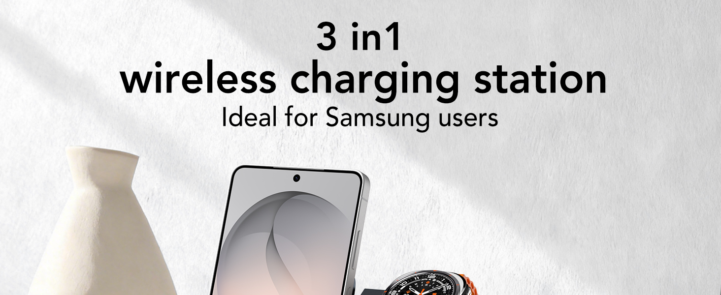 Бездротовий зарядний пристрій 3-в-1 для Samsung Galaxy: S26/S25/S24/S23, Z Flip/Fold, Galaxy Watch Ultra/8/7/6/5/4, Galaxy Buds - Чорний