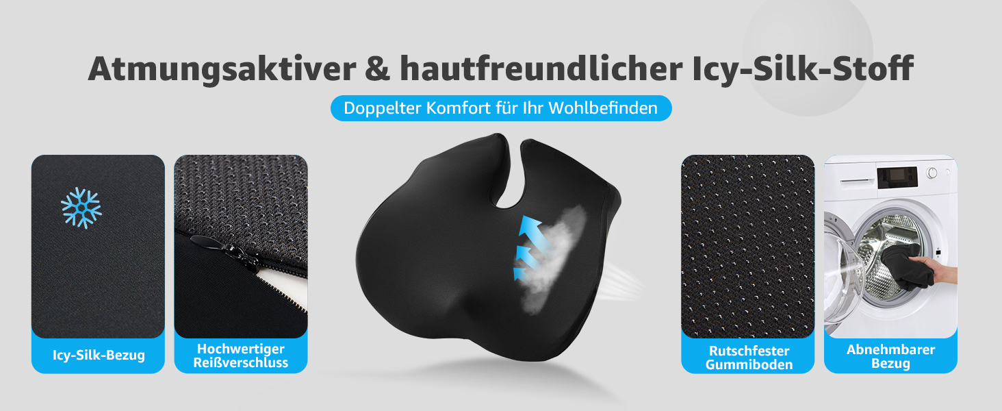 Ортопедична подушка для сидіння BRO Extra Großes з чохлом Ice Silk, Memory Foam. Ергономічна подушка для підтримки куприка для офісного крісла, авто та інвалідного візка.