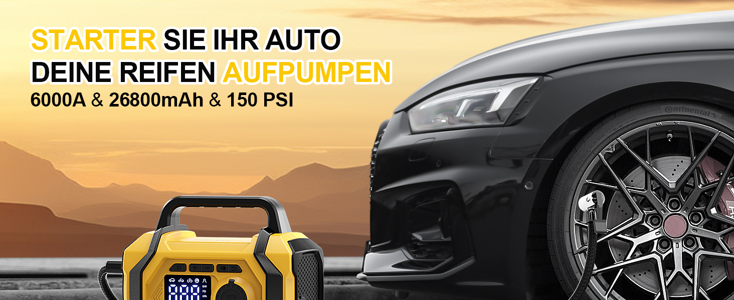 Портативний пусковий пристрій FOWAWU 9-в-1 з компресором, акумулятор 6000A, 26800mAh, 150psi, автовимкнення