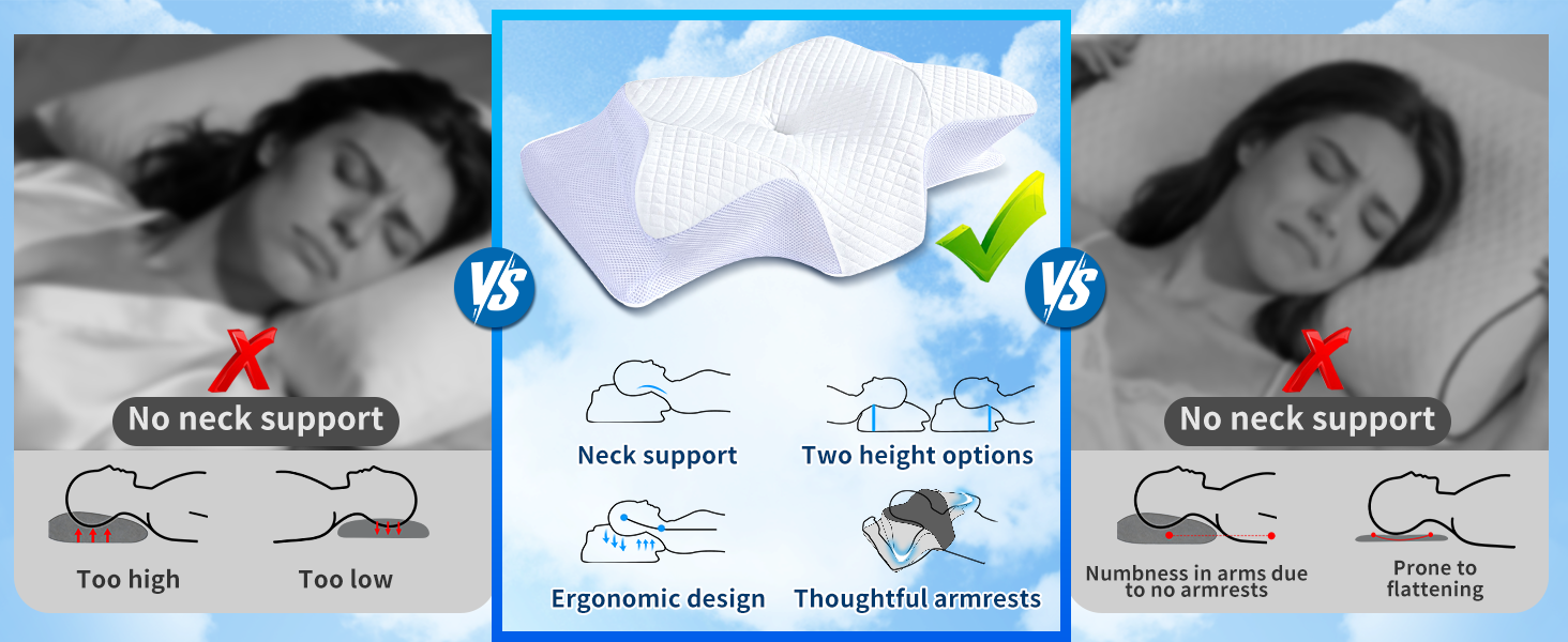 Подушка для шиї SAHEYER з Memory Foam, ортопедична, ергономічна, для сну на боці, біла, 60 x 35.5 x 10/13 см