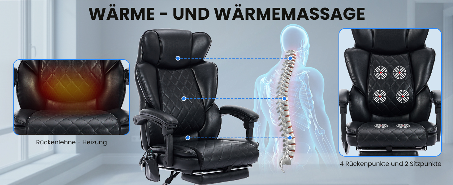 Офісне крісло Colamy з ергономічною підтримкою спини, регульованою підголівником та функцією масажу (чорний)