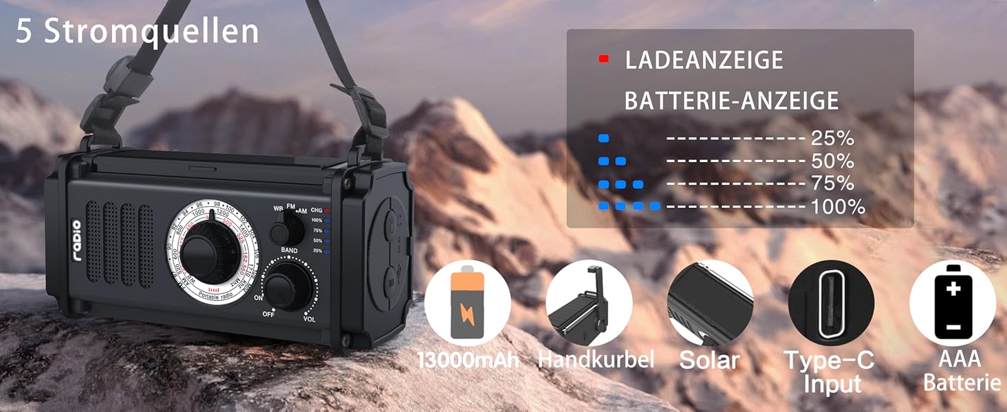 Радіо на сонячній енергії та з ручним крученням 13000mAh, AM/FM/SW, USB-зарядка, ліхтарик 800LM, компас, SOS-сигнал, чорний