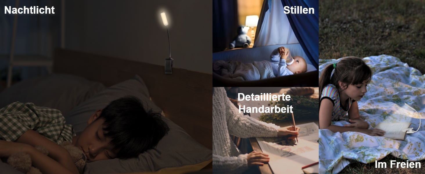 USB LED лампа для читання з кліпсою, 3 режими температури кольору, регульована яскравість, гнучка на 360°, для ліжка, столу та подорожей, біла