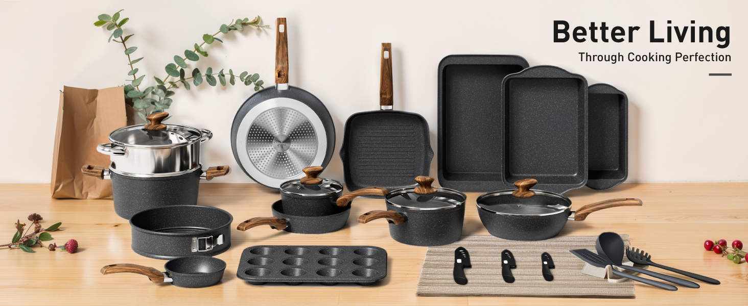 Набір каструль та сковорідок DishDelight 30 предметів з антипригарним покриттям, гранітне покриття, з кришками, зелений (чорний)