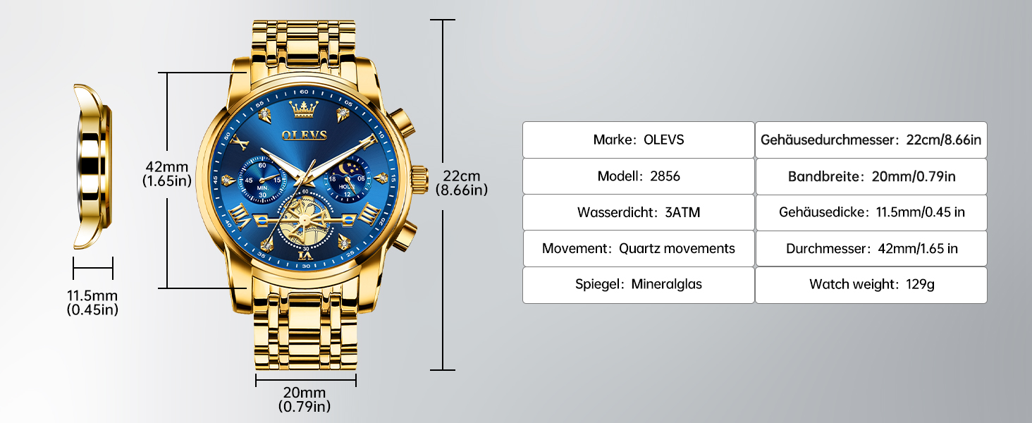 Годинник чоловічий OLEVS з металевим ремінцем, кварцовий, з місячною фазою, хронограф, водостійкий (2856 Blue / Gold)