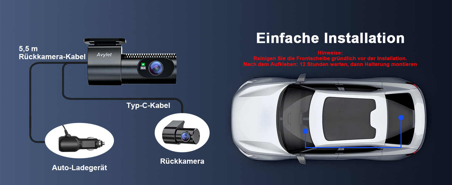 Відеореєстратор Avylet 4K+1080P з двома камерами (передня та задня), Wi-Fi, GPS, IPS дисплеєм, паркувальною функцією, Super Night Vision, WDR, 170° кутом огляду, G-сенсором, підтримка карт пам'яті до 256GB