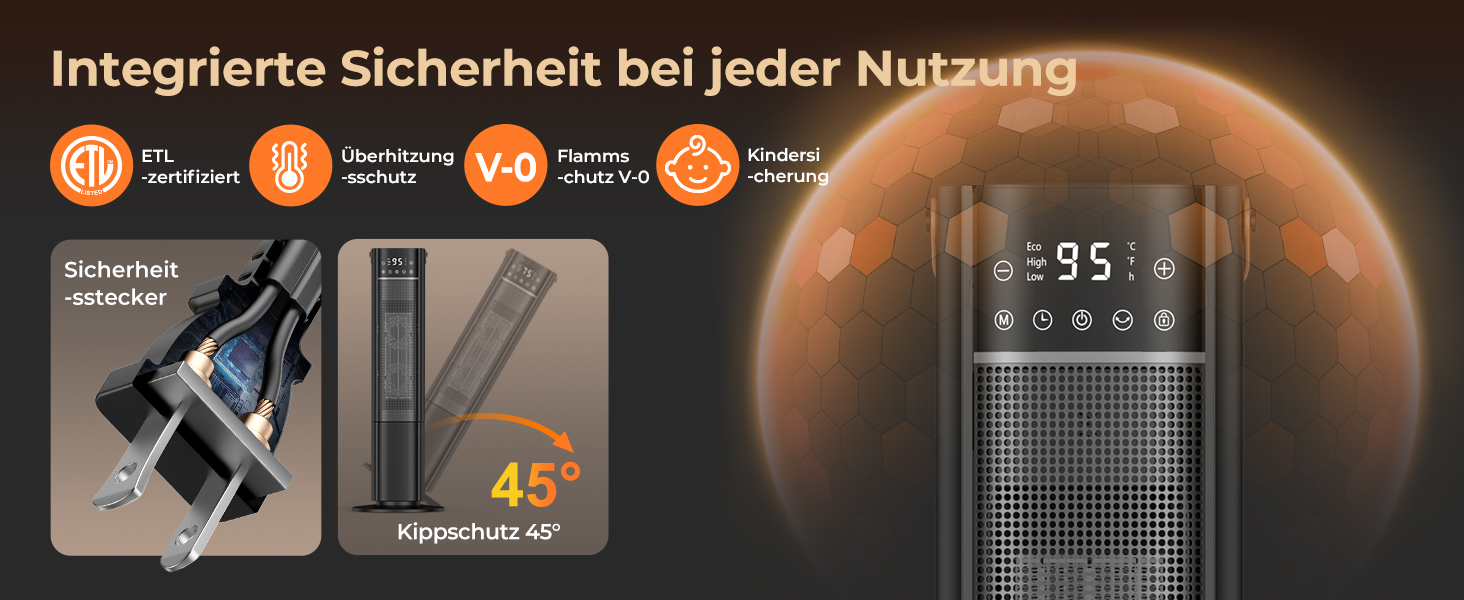 Електричний обігрівач PTC з керамічним нагрівачем, 2000W, 75° обертання, термостат, тихий, 3 режими, таймер 24 год, захист від перегріву та перекидання