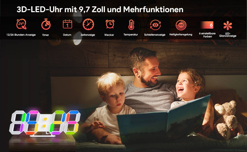 3D LED годинник-будильник EDUP HOME 9,7'' з RGB підсвіткою, безшумний, цифровий, USB, 7 кольорів, дата, температура, додаток і пульт, для спальні, вітальні, офісу