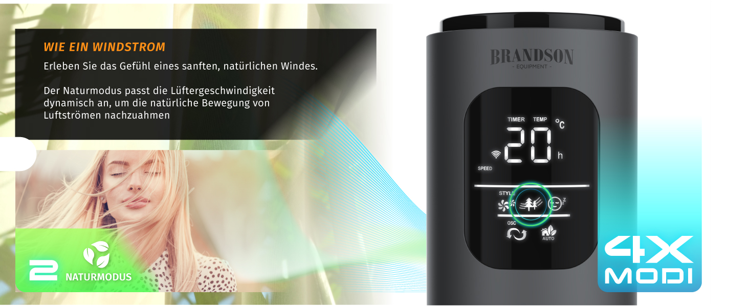 Brandson ECO Tower Fan - Silent DC Motor, 12 Speed, Remote Control, Timer, Energy Efficient, Cool Grey