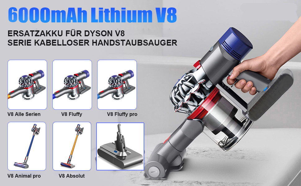 Акумулятор для пилососа Dyson V8 (6.0Ah) – замінник оригінального акумулятора Dyson V8, сумісний з моделями Absolute, Animal, Filter, Motorhead, Fluffy, V8-1