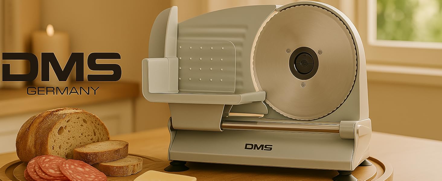 Електричний слайсер DMS Allesschneider з нержавіючої сталі, діаметр 19 см, 400W – для хліба, ковбаси, сиру, регульована товщина нарізки, з присосками та захисним вимикачем