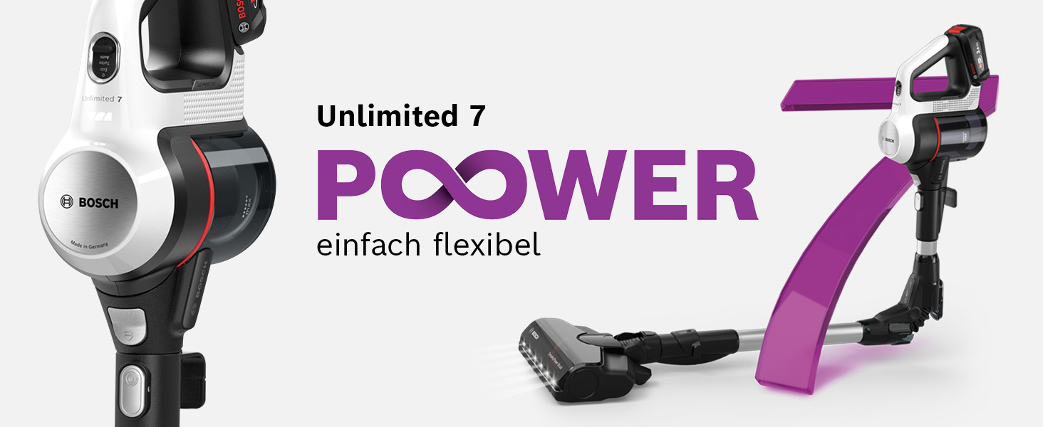 Бездротовий акумуляторний пилосос Bosch Unlimited 7 BSS711W - ручний, без мішка, з акумулятором, гнучкий шланг, фільтр гігієни, 10 років гарантії на мотор, XXL насадка для м'яких меблів, LED-підсвічування, турбо-режим, білий