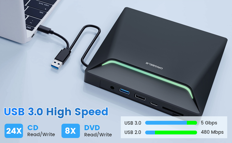 Зовнішній DVD-привід ORIGBELIE: CD-брунер з 4 USB та 2 TF/SD слотами, ультратонкий оптичний накопичувач для ноутбука, PC, Mac, Windows 11/10/8/7, Linux