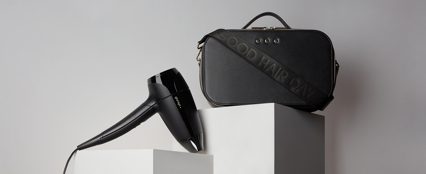 Фен для подорожей ghd Flight+ – Чорний, складаний, потужний, з чохлом, подвійне напруження (120V/240V), для всіх типів волосся. Нова модель