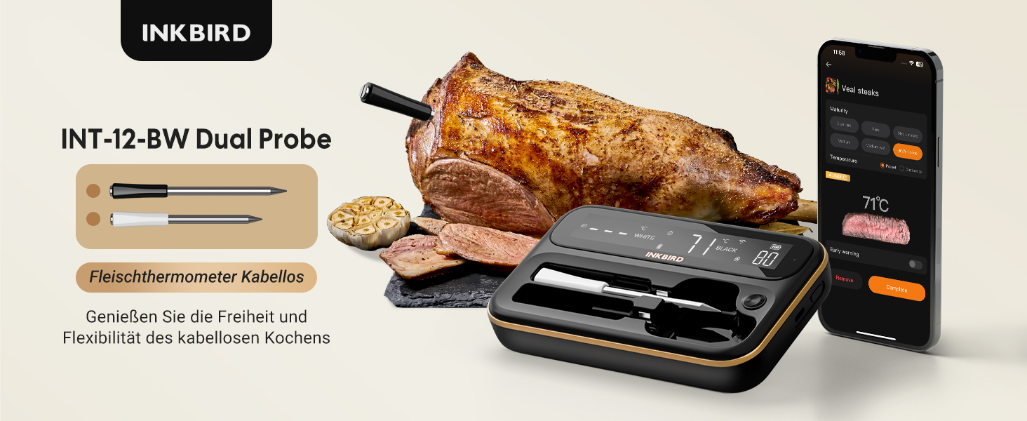 Інструмент Inkbird INT-12-BW: Бездротовий термометр для м'яса з Bluetooth 5.4 та Wi-Fi, водонепроникний (IP67), для приготування на грилі, в духовці, коптильні, ротатерії та аерофритюрниці