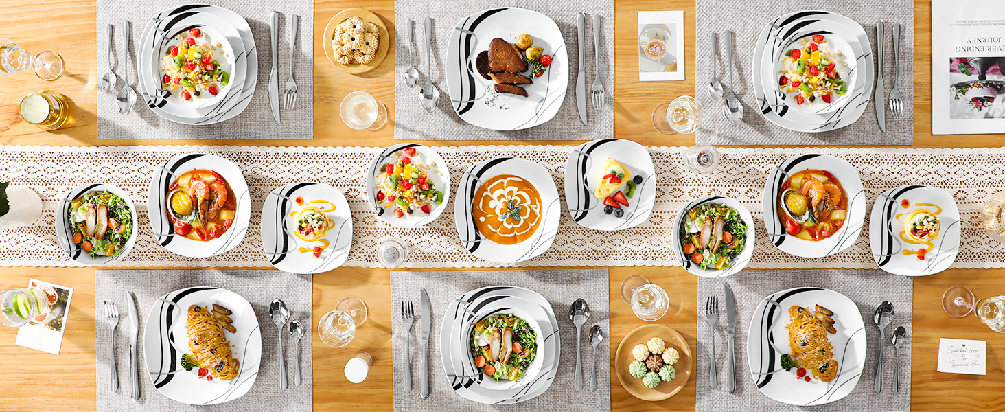 Набір посуду VEWEET FIONA 24 шт. для 6 осіб: 6 тарілок, 6 десертних тарілок, 6 супових тарілок, 6 мисок