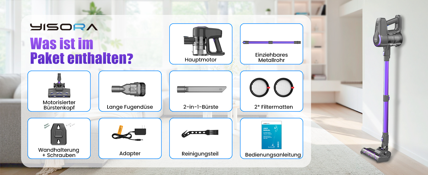 Бездротовий акумуляторний пилосос з потужністю 25000Pa, 175W, час роботи 50 хвилин. Бездротовий ручний пилосос з антизаплутаною насадкою та вертикальним паркуванням, легкий. Підходить для килимів, твердих підлог, видалення шерсті тварин. Колір: фіолетовий