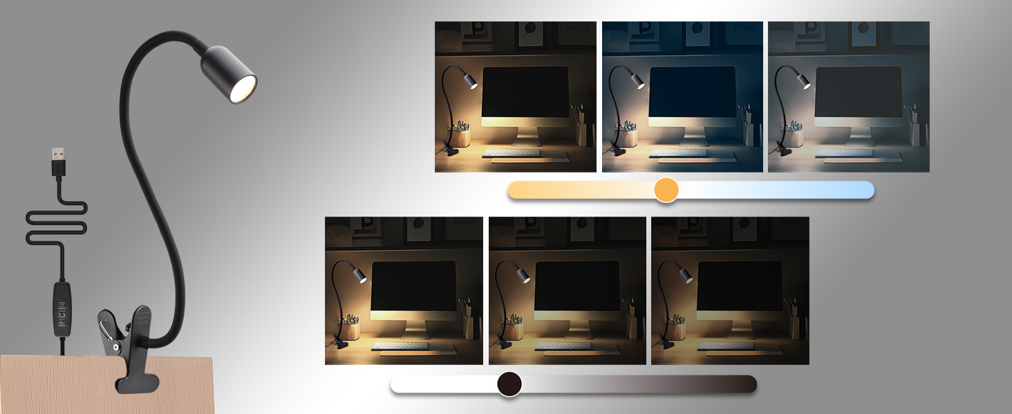 LED Лампа для читання на ліжко з кліпсою da LIGHT, настільна USB лампа з регульованою яскравістю та 3 режимами світла для навчання, роботи, чорна