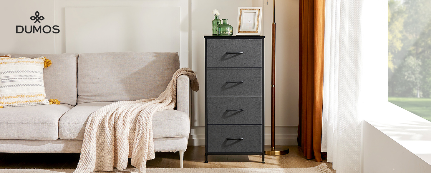 DUMOS Chest of Drawers with Drawers - Chests of Drawers & Sideboards for Bedrooms Suitable, Chest of Drawers with 9 Drawers, Fabric Chest of Drawers with Sturdy Steel Frame, Ideal for Bedroom, Living Room (Black) (4 Drawers Gray)