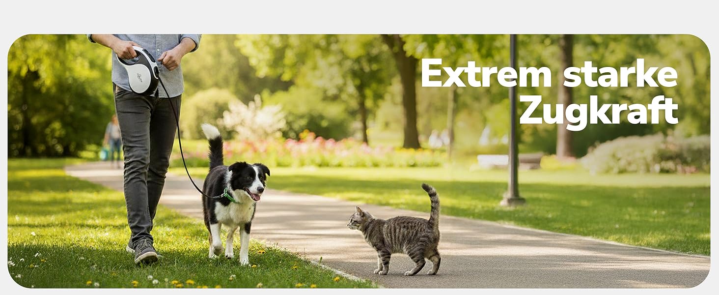 Рулетка для собак 5 м з тримачем для відходів – витяжна повідка для собак будь-якого розміру – повідка з нейлоновою стрічкою 360°, антиковзним руків'ям та кнопкою швидкого гальмування – повідка для собак до 30 кг