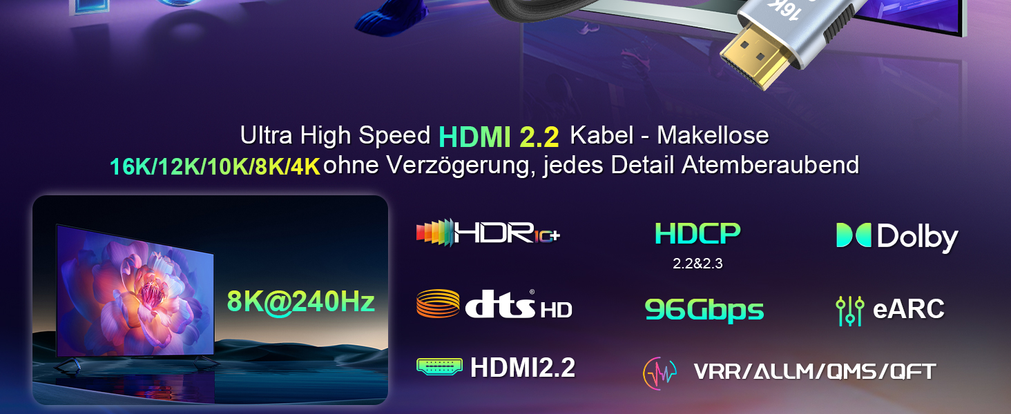 Кабель HDMI 2.2, 2 метри, 96Gbps, 16K/12K/10K/8K/4K@120Hz/240Hz/480Hz, eARC, HDR10+, Dolby Atmos/Vision, HDCP 2.2, для PS5, Xbox, Soundbar, Fire TV, HDTV