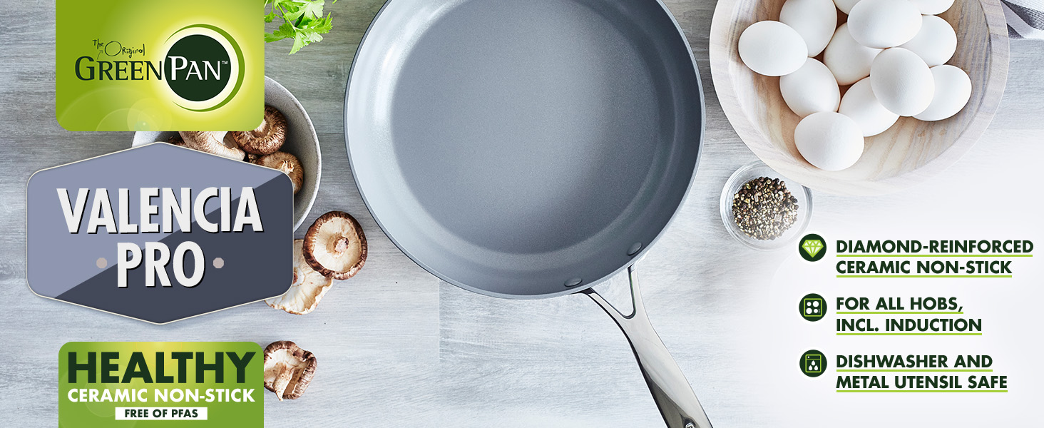 GreenPan Valencia Pro Ceramic Non-Stick Fry Pan - 28cm, PFAS-Free, Stainless Steel Handle, Induction, Oven & Dishwasher Safe, Grey