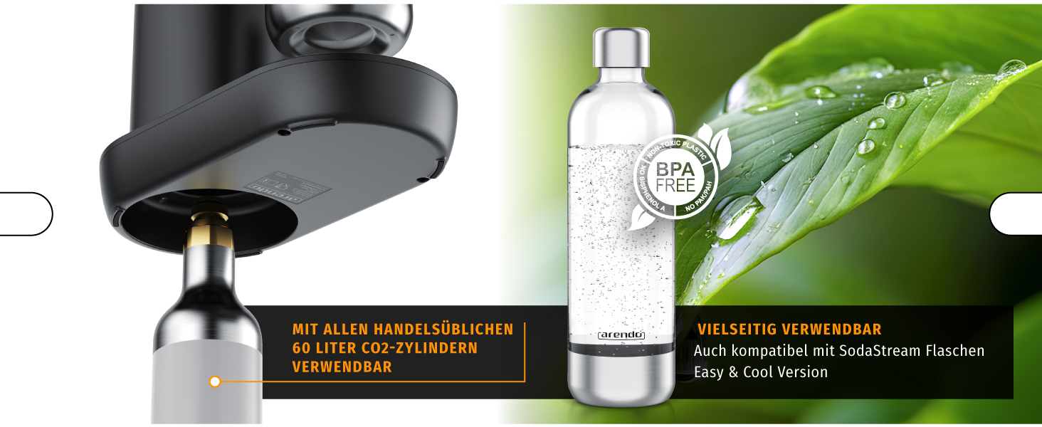 Arendo Soda Maker: Газова вода вдома - содовий напій, пляшка 1000 мл, BPA free, сумісний з CO2 балонами 60 л, чорний
