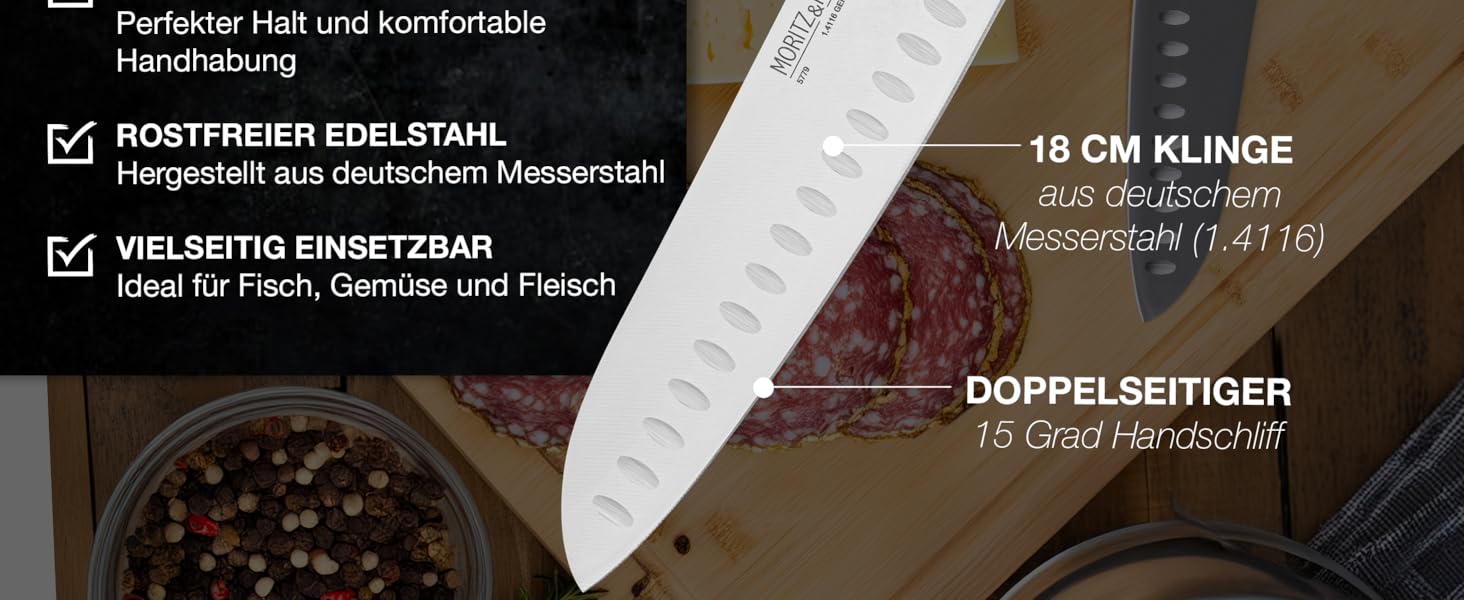 Ніж Santoku Moritz & Moritz 18 см - професійний кухонний ніж у японському стилі з надзвичайно гострою клинком - для м'яса, суші та іншого. Ергономічна ручка з акації. Німецька сталь Santokumesser